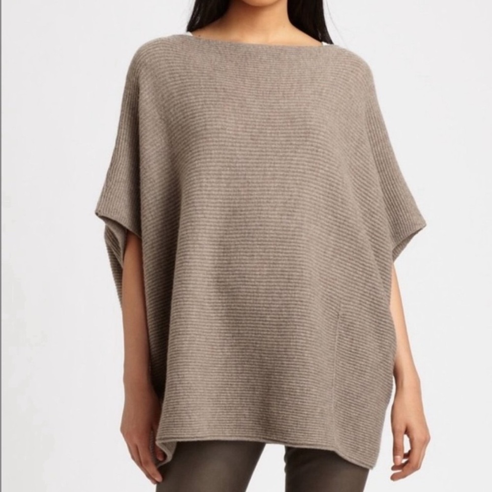 Vince Women's Wool Cashmere Ribbed Taupe Knit Poncho Sweater Small/Medium
